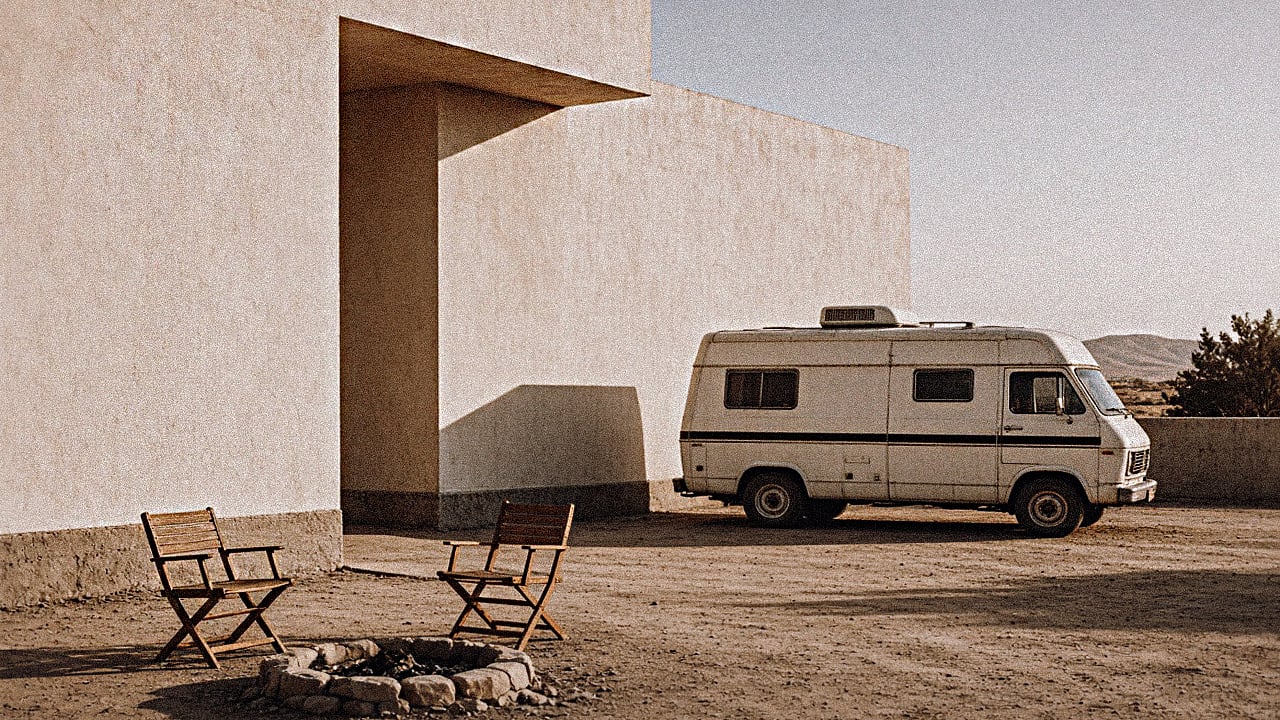 Old camper van parked beside a white desert house, with two empty wooden folding chairs set apart around a stone fire pit