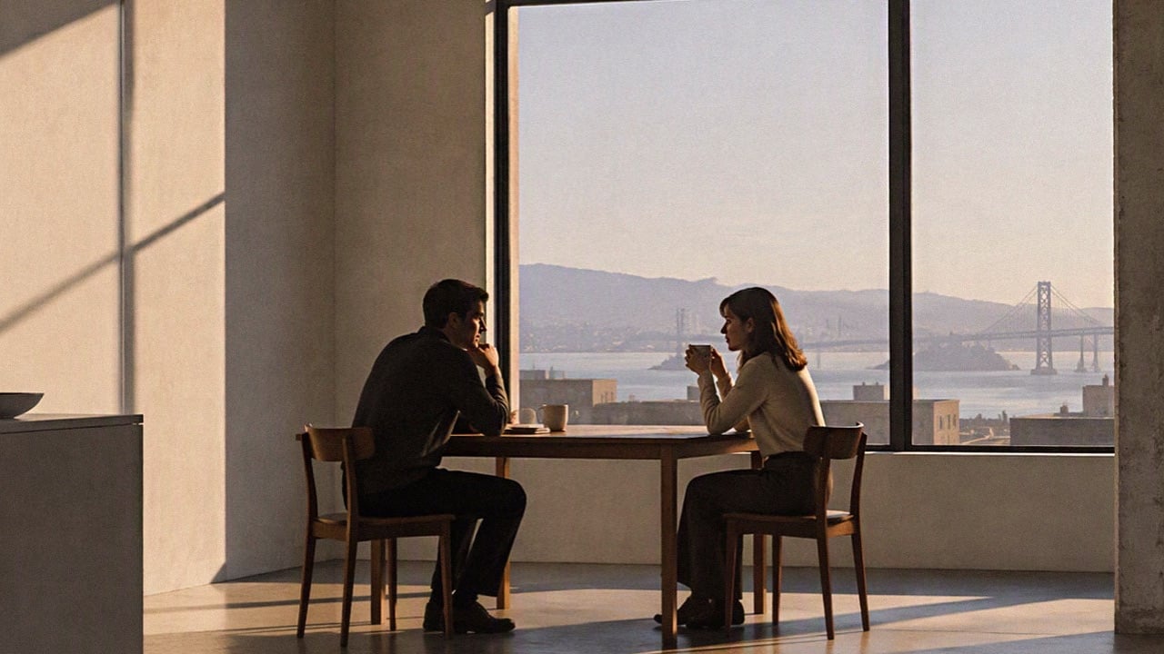 Couple sitting at a table by a tall window over coffee, in conversation with the San Francisco Bay behind them