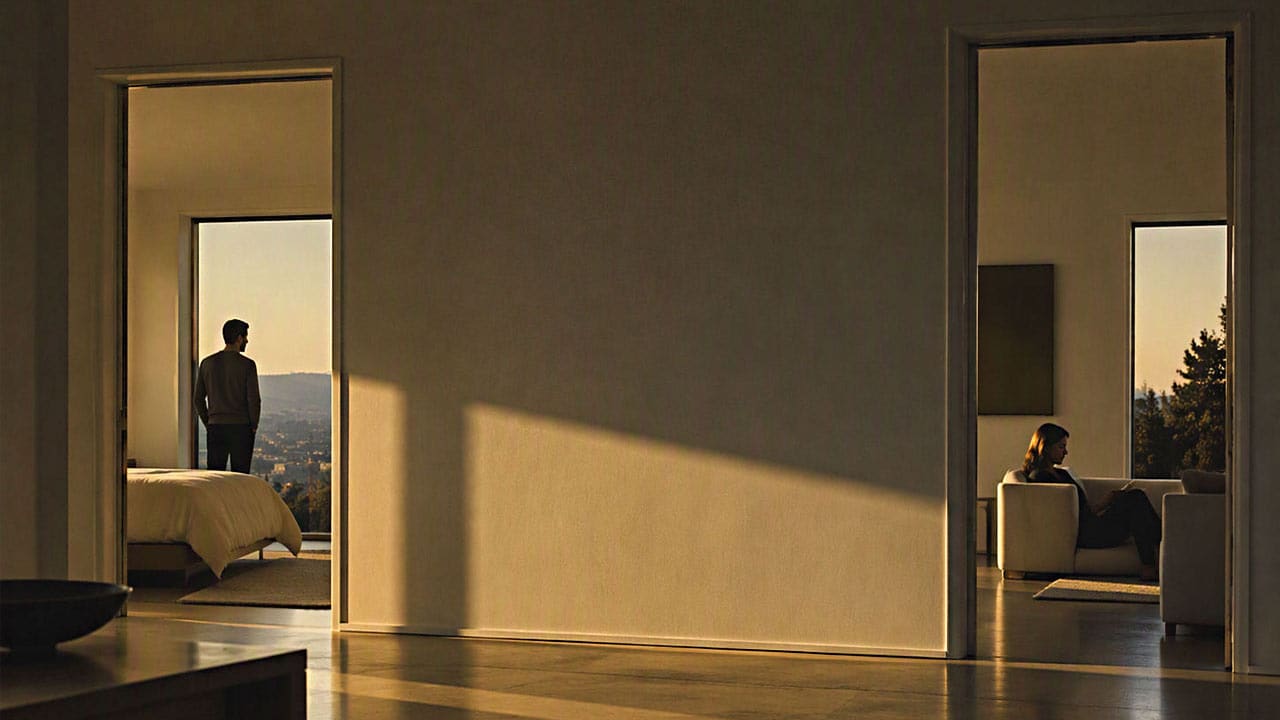 Couple in separate rooms of a house at sunset, one at the bedroom window and one reading on the sofa