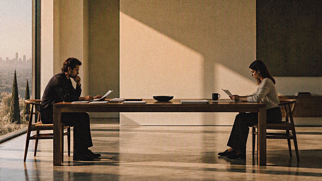 Man and woman sitting at opposite ends of a long dining table by a window overlooking the city, each reading their own papers