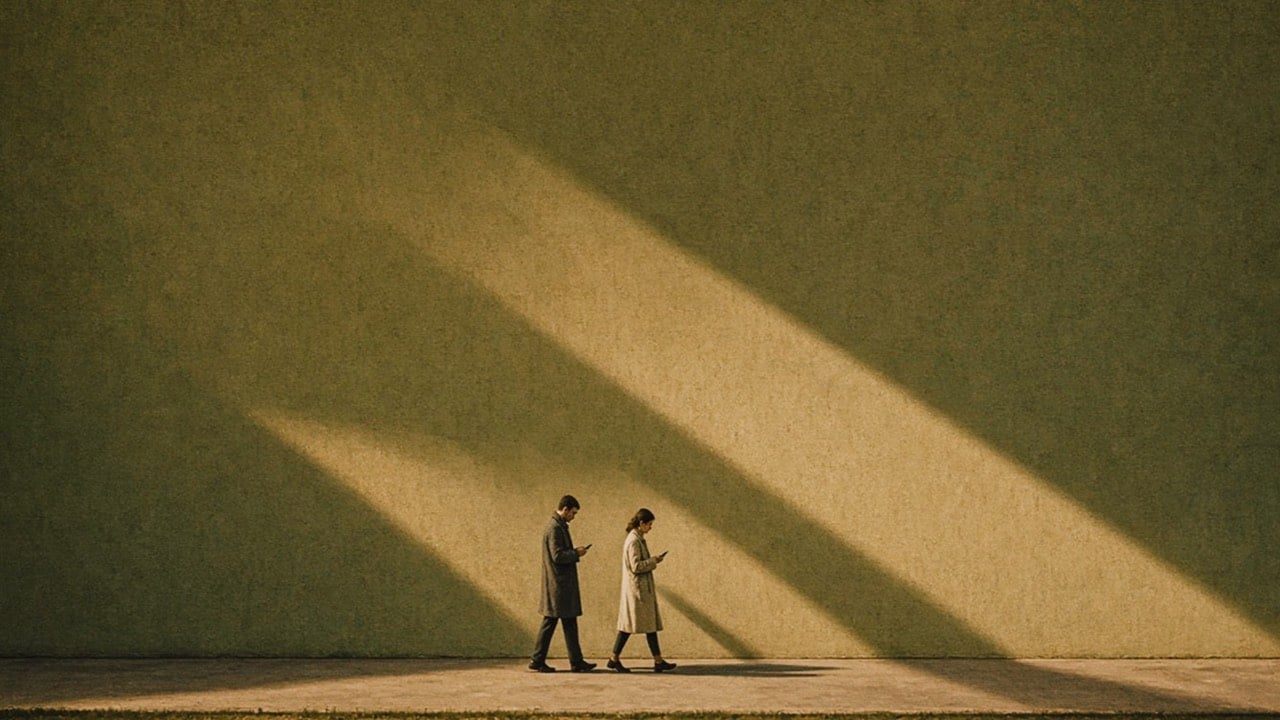 Man and woman walking one behind the other along a large sunlit wall, both looking at their phones