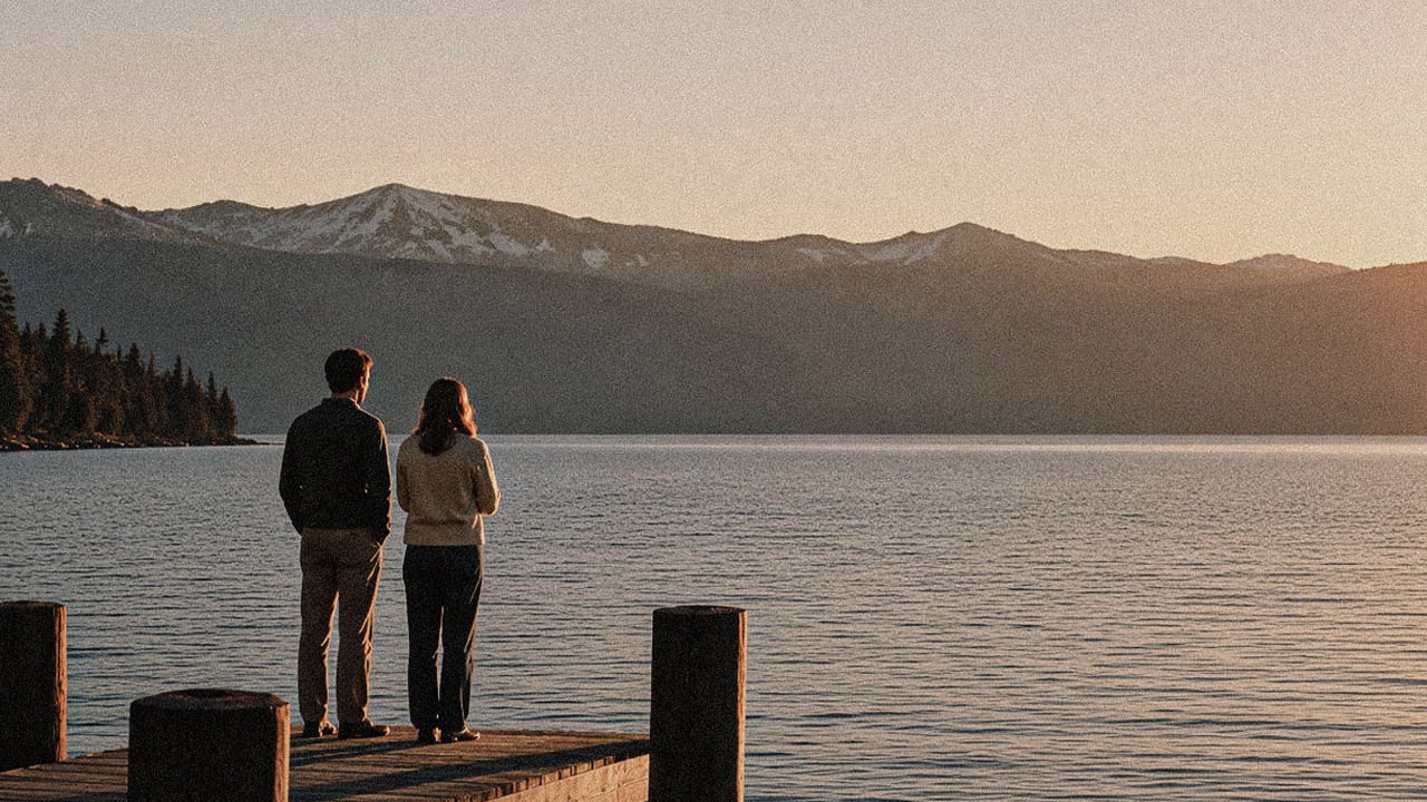 Couple standing side by side on a wooden dock at sunset, looking out over a mountain lake