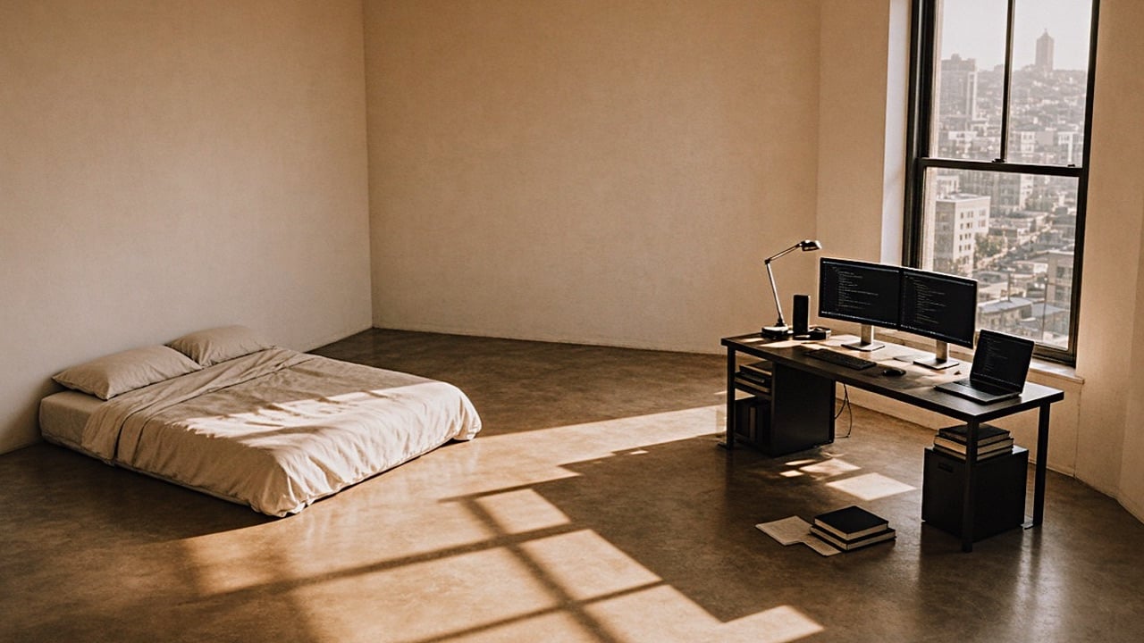 Sunlit loft with a low bed on the floor and a desk with two monitors and a laptop by a tall window over the city