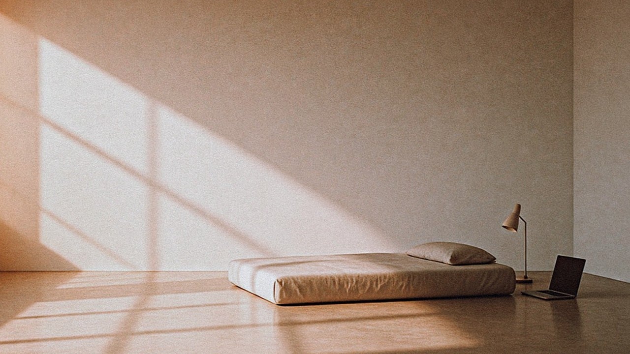 Empty sunlit room with a bare mattress on the floor, a desk lamp and an open laptop beside it
