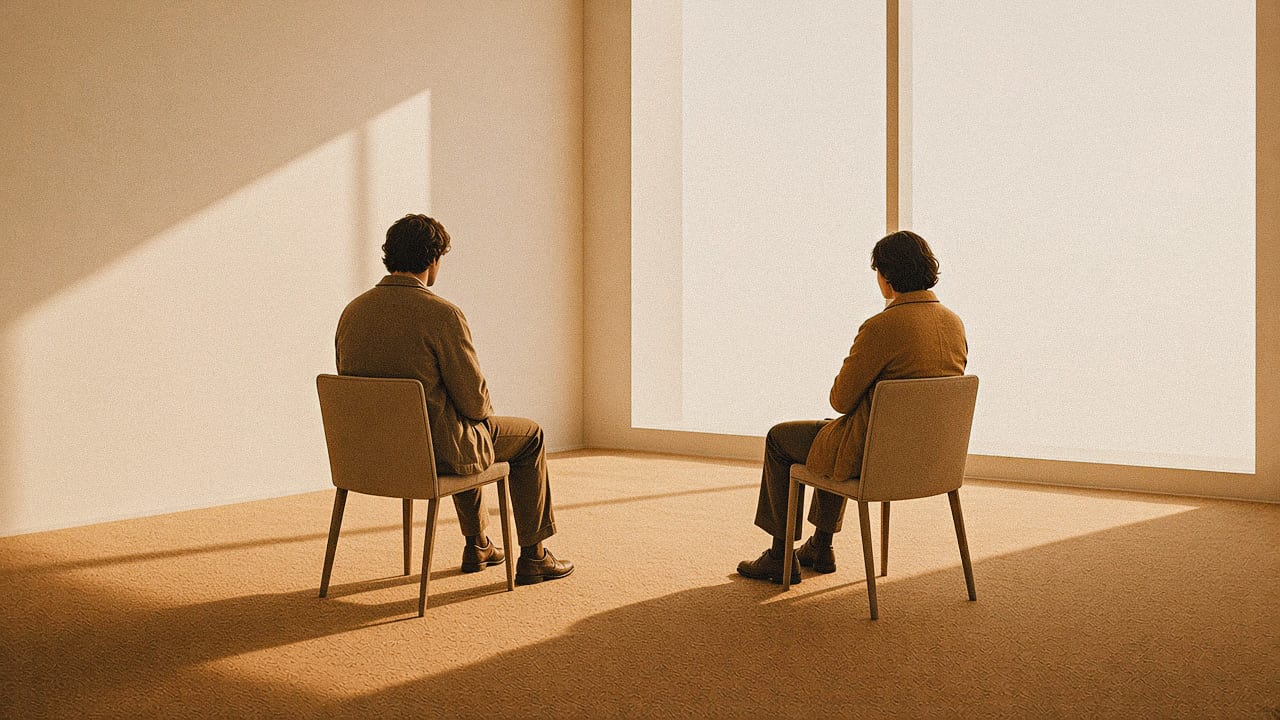 Two people sitting on chairs turned away from each other in a sunlit room, a picture of stonewalling