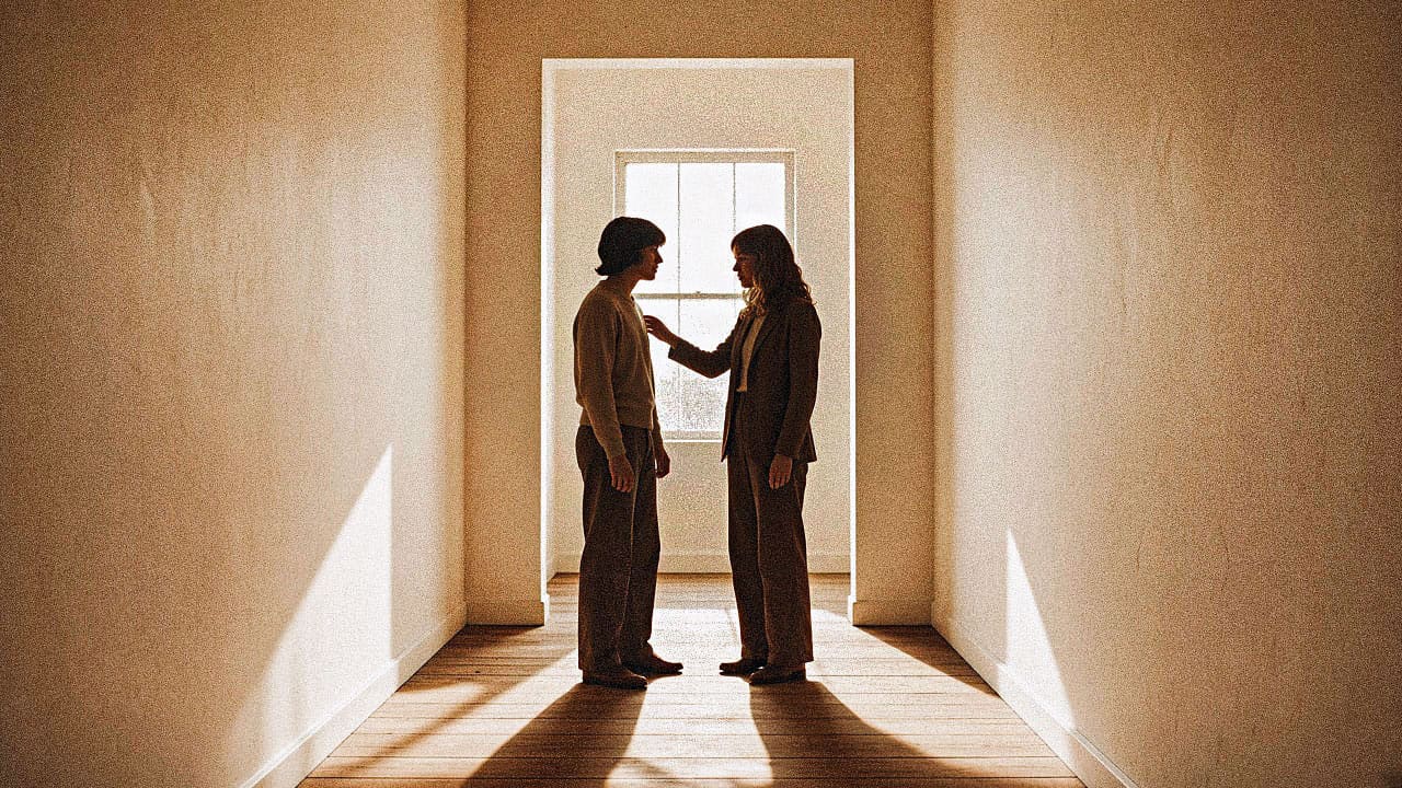 Couple standing face to face in a sunlit doorway, one resting a hand on the other's shoulder