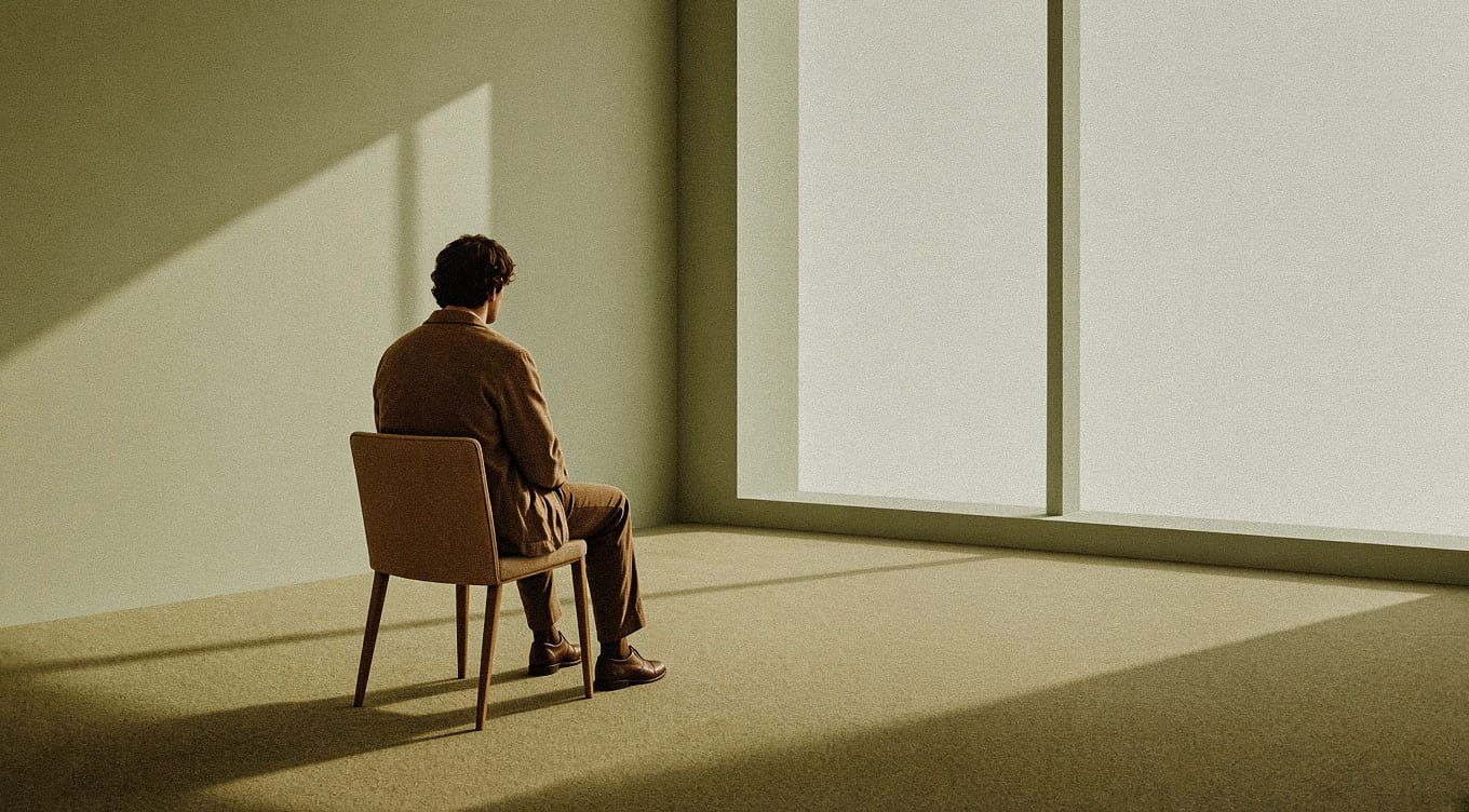 Man sitting alone on a chair in an empty room, facing a bright window