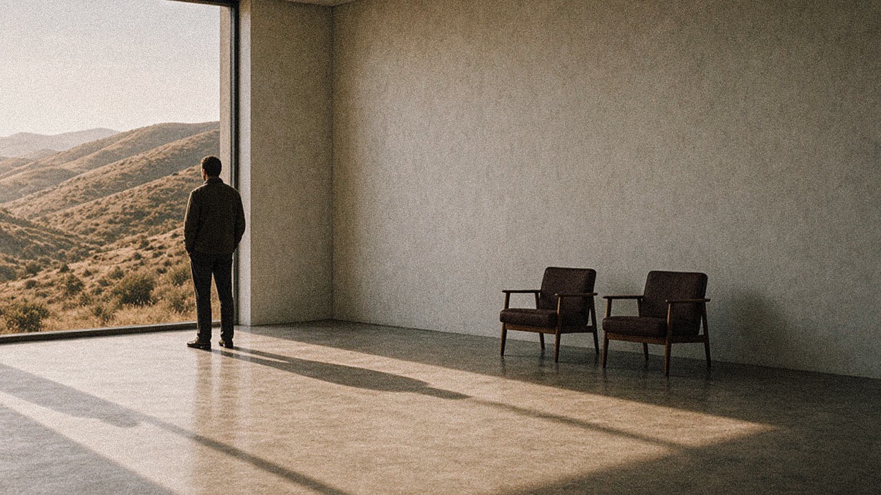 A man stands alone at a floor-to-ceiling window looking out at dry golden hills, two empty armchairs against the bare wall behind him