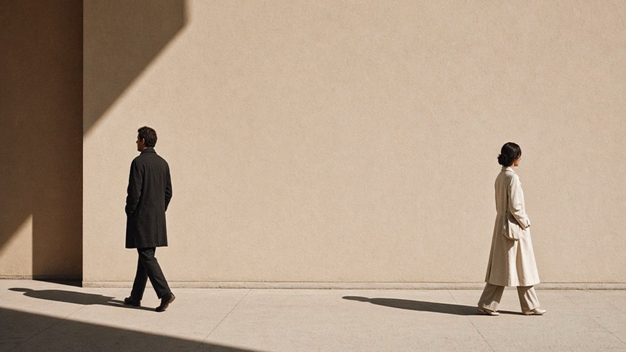 Man and woman walking away from each other in opposite directions along a sunlit beige wall