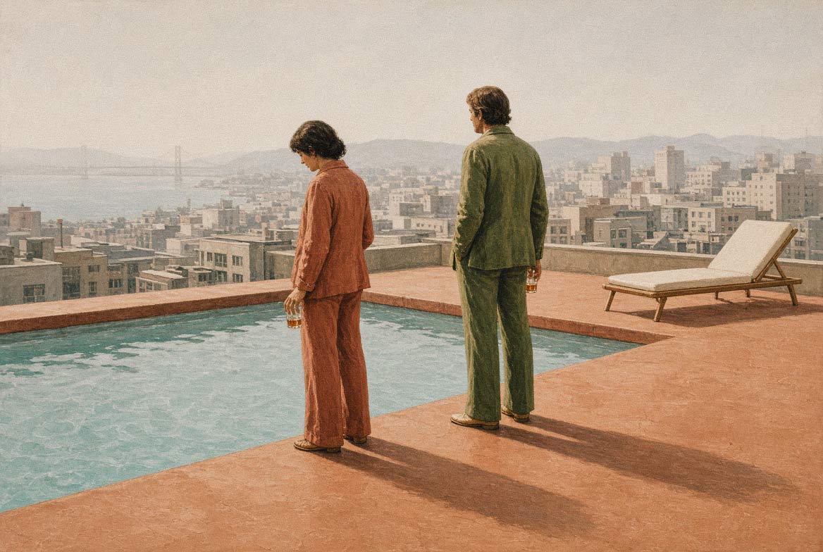 Two people standing apart beside a rooftop pool overlooking a city, each holding a drink and looking away