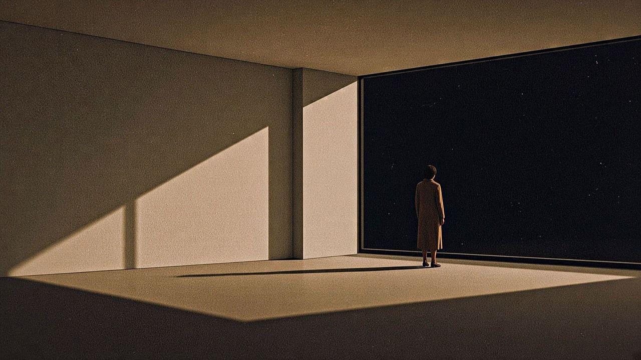 A woman stands alone in a large dark room, looking out of a floor-to-ceiling window at the night sky