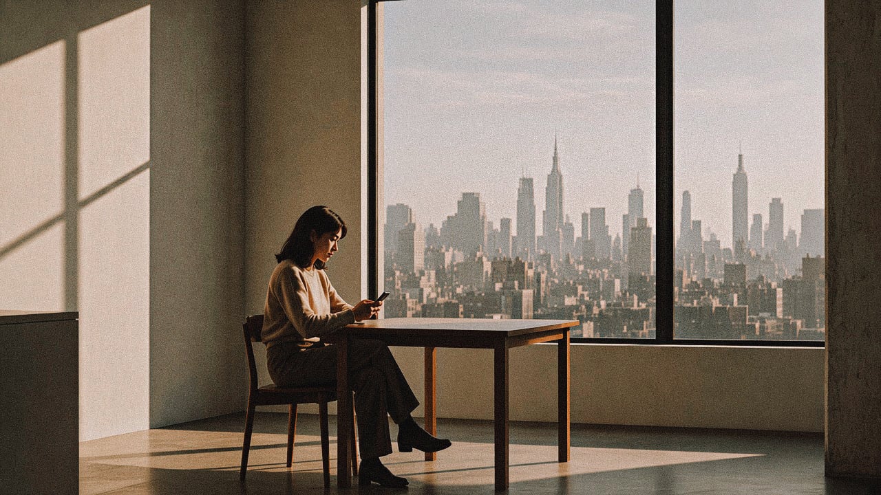 Woman sitting alone at a table by a tall window, looking at her phone with a city skyline beyond